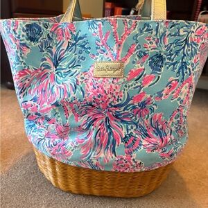 Lilly Pulitzer Turquoise Floral Canvas Tote with Pink & Navy Accents